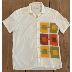 Zara Men’s Cabana Button Up Shirt Crochet Retro Orange Green Yellow XL Linen